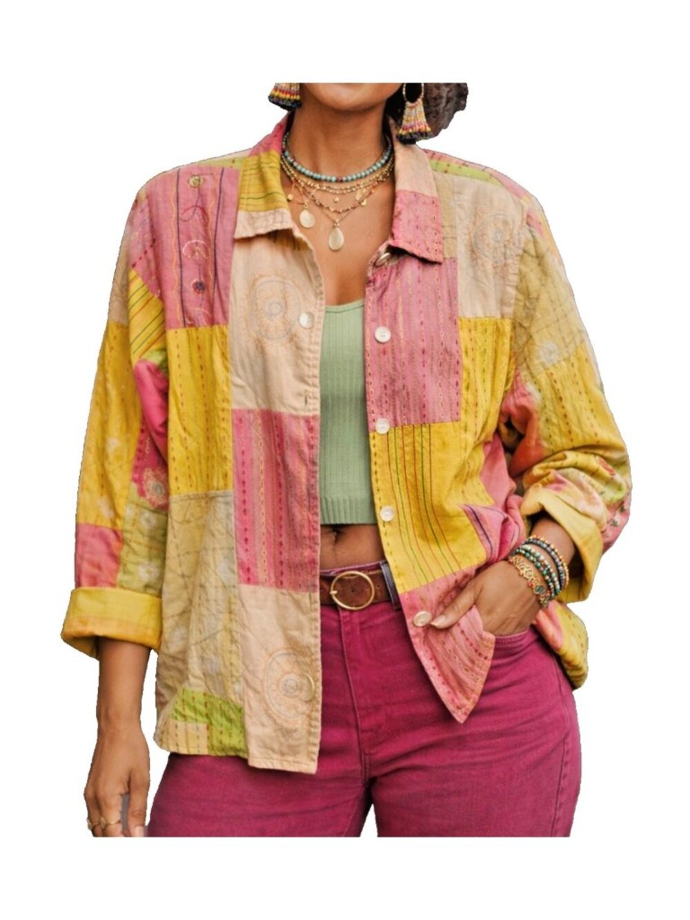 April Cornell Patchwork button up shirt Jacket Women M Pink Art to Wear.   E